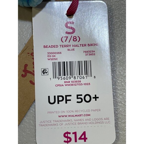 Justice Girls S (7/8) Beaded Terry Halter Bikini Blue UPF 50+ - Picture 3 of 9